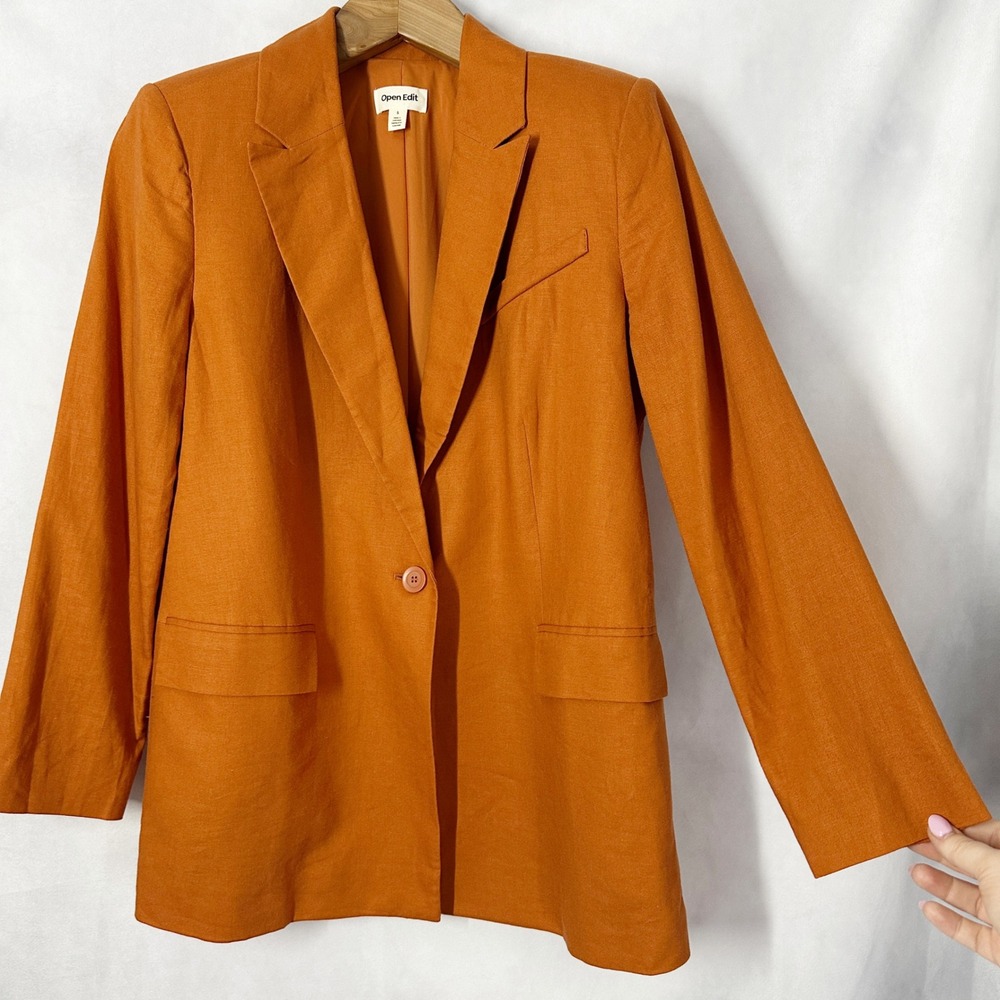 Open Edit Linen Burnt Orange Single Button Oversize Blazer Women's Size Small - Picture 3 of 13